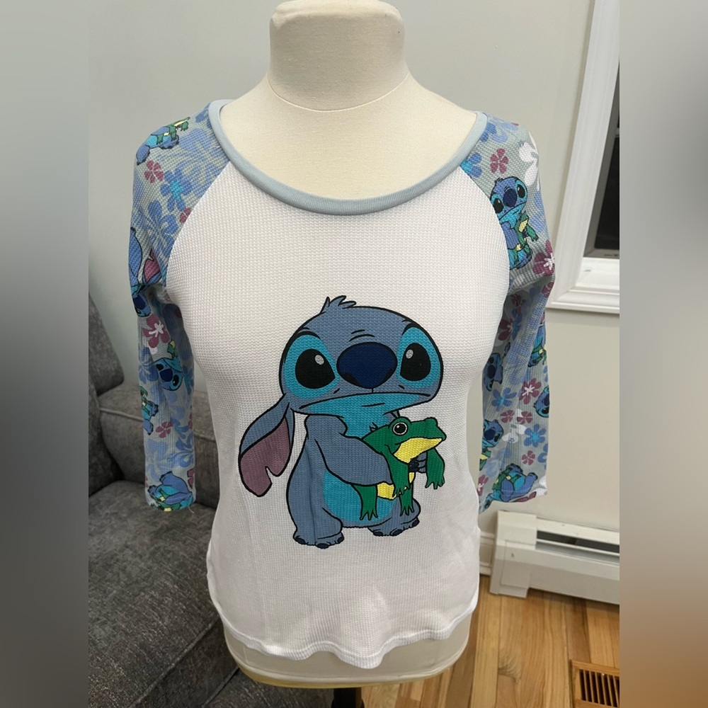 Disney Shirt White Cotton Blend Waffle Knit 3/4 Sleeve Lilo Stitch Woman’s Small